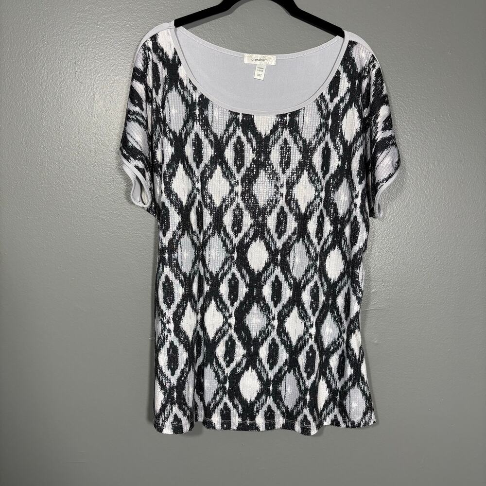 Dressbarn Black & Gray Sequin Y2K Ikat Pattern Top - 14/16 - Women's Plus Size